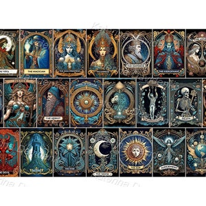 Set di clipart di carte dei Tarocchi ornate, intricata collezione stravagante. Carte occulte, divinatorie, cartomantiche. Download digitale png stampabile