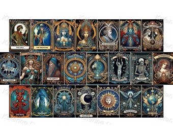 Clipart set of ornate tarot cards, intricate whimsical collection. Occult, divination, fortune-telling cards. Printable png digital download