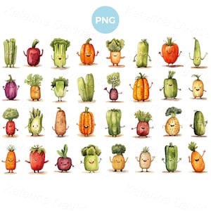 Cartoon vegetable clipart. Collection of funny vegetable characters with cute happy faces. Isolated watercolor PNG clipart