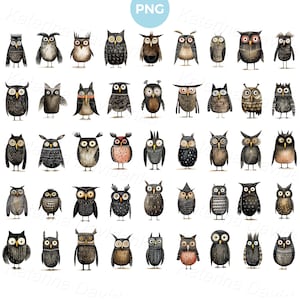 Set of cute cartoon owls PNG clipart, watercolour funny owls pictures, cartoon characters, digital download