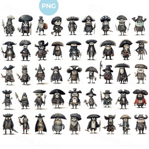 Cartoon zombie pirates of caribbean PNG clipart collection. Funny watercolor undead characters pictures. Digital download icons PNG clipart