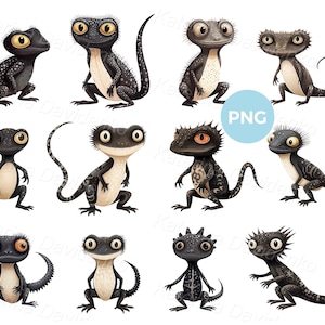 Druckbares Aufkleber-Set mit niedlichen Cartoon-Geckos PNG-Clipart. Lustige kleine Eidechsen, Transparentbilder, lächelnde Reptilien, digitaler Download