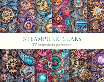 Set of whimsical steampunk seamless patterns with gears. Backgrounds with cogwheels for gift wraps, texture designs for textile fabric