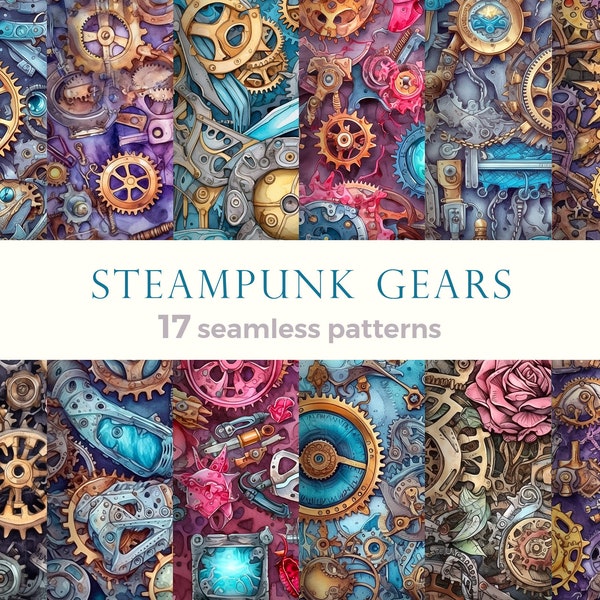 Set of whimsical steampunk seamless patterns with gears. Backgrounds with cogwheels for gift wraps, texture designs for textile fabric