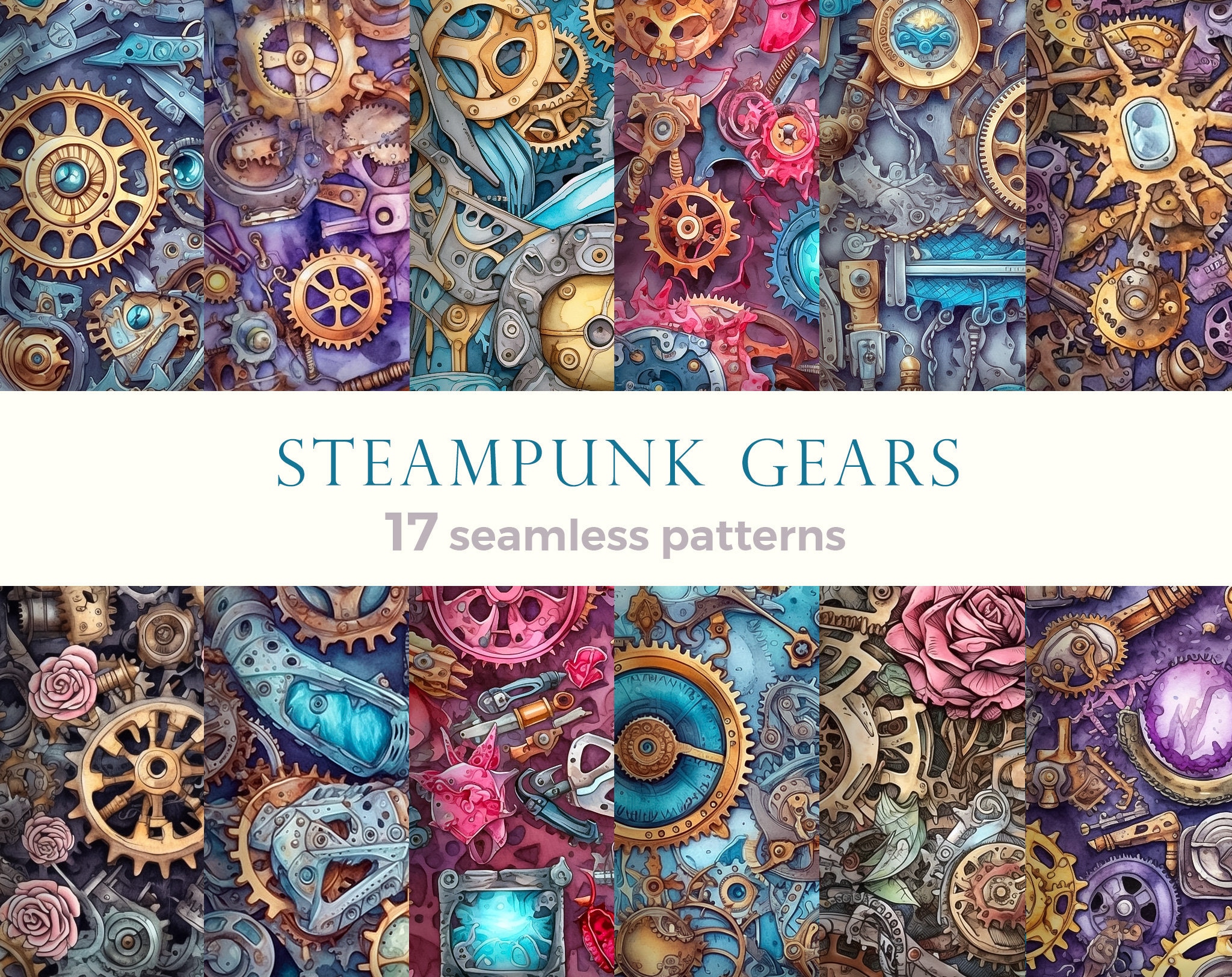 Set of whimsical steampunk seamless patterns with gears. Backgrounds with cogwheels for gift wraps, texture designs for textile fabric