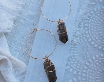 Smoky Quartz Wire Wrapped Gold Hoop Earrings