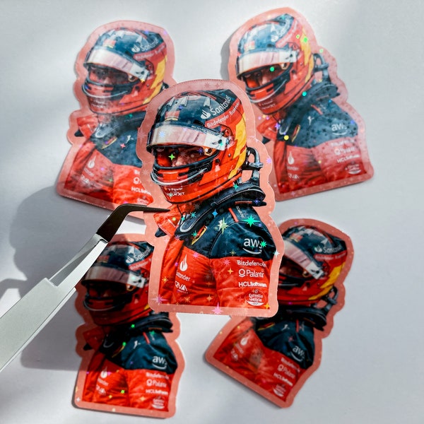 Formula 1 Carlos Sainz Holographic Waterproof Sticker - Red Bull Ring - F1 Scuderia Ferrari Decal for Water Bottle, Cups, Laptop, Notebook