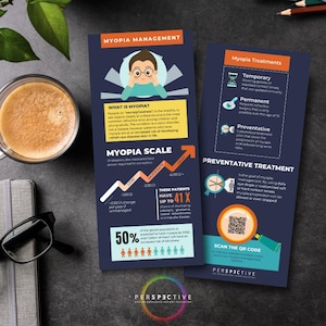 May include: Two navy blue brochures on myopia management and treatments, with text and graphics. A cup of coffee, glasses, and a notebook are on the table. The brochures discuss myopia, its scale, and preventative treatments.