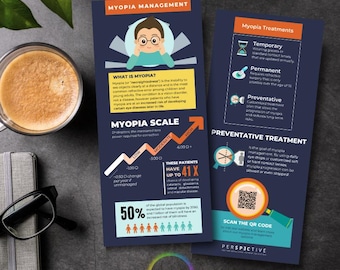 May include: Two navy blue brochures on myopia management and treatments, with text and graphics. A cup of coffee, glasses, and a notebook are on the table. The brochures discuss myopia, its scale, and preventative treatments.