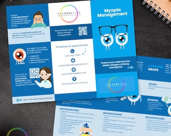 May include: A blue and white brochure with the title "Myopia Management" and a cartoon eye illustration. The brochure provides information about myopia treatment, including atropine drops, and contact information for scheduling an appointment.