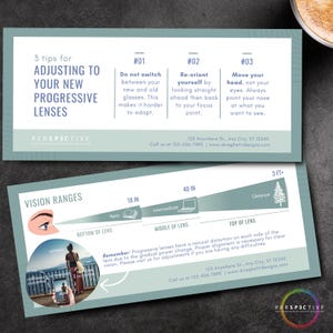 May include: A blue and white infographic with the title "3 tips for adjusting to your new progressive lenses". The infographic explains how to adjust to progressive lenses with three tips: 1. Do not switch between your new and old glasses. 2. Re-orient yourself by looking straight ahead then back to your focus point. 3. Move your head, not your eyes. Always point your nose at what you want to see.