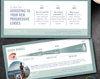 May include: A blue and white infographic with the title "3 tips for adjusting to your new progressive lenses". The infographic explains how to adjust to progressive lenses with three tips: 1. Do not switch between your new and old glasses. 2. Re-orient yourself by looking straight ahead then back to your focus point. 3. Move your head, not your eyes. Always point your nose at what you want to see.