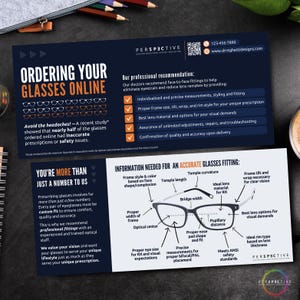 May include: A blue and white infographic with the title "Ordering Your Glasses Online" and a checklist of reasons why it's better to get glasses fitted in person. The infographic also includes a diagram of a pair of glasses with labels for different measurements.