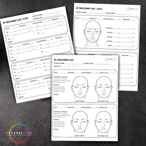 May include: A collection of white paper forms for RF and IPL treatment logs. The forms include sections for patient information, treatment details, and diagrams of the face. The "Perspective" logo is visible.