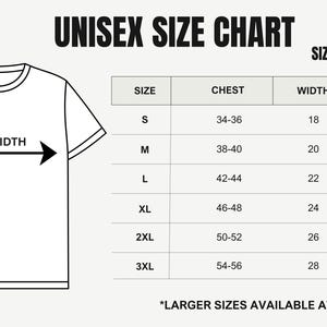 Może przedstawiać: Unisexowa tabela rozmiar&oacute;w z wymiarami w calach dla t-shirt&oacute;w. Tabela zawiera rozmiary od S do 3XL, z wymiarami klatki piersiowej, szerokości i długości. Tekst "UNISEX SIZE CHART" znajduje się na g&oacute;rze. Większe rozmiary na życzenie.