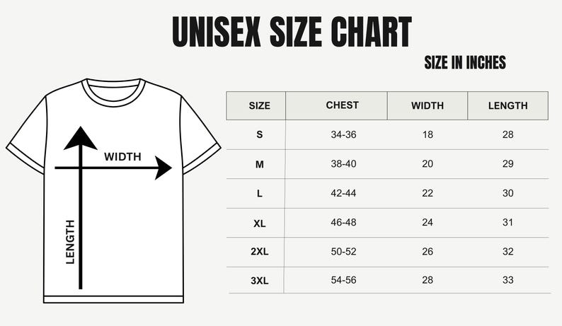 May include: A black and white unisex size chart for a t-shirt. The graphic shows a t-shirt outline with width and length arrows. A table lists sizes S through 3XL with corresponding chest, width, and length measurements provided in inches.