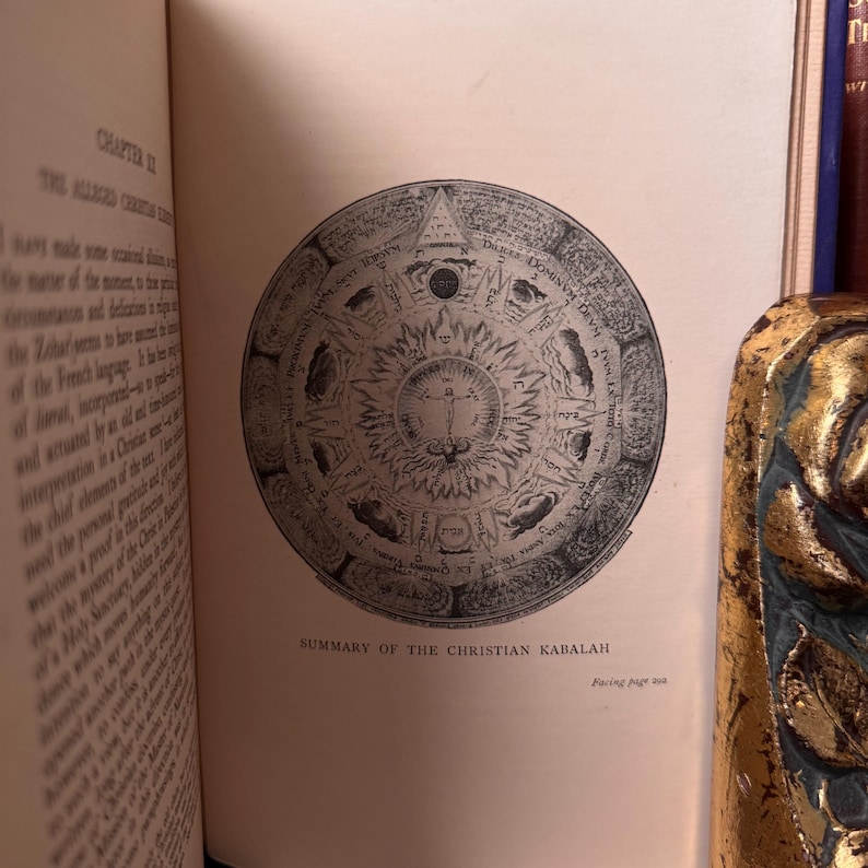 May include: An open book displaying a detailed illustration titled "Summary of the Christian Kabalah." The circular design features intricate symbols and text, centered on a sunburst with a cross. The book's pages have a vintage appearance.