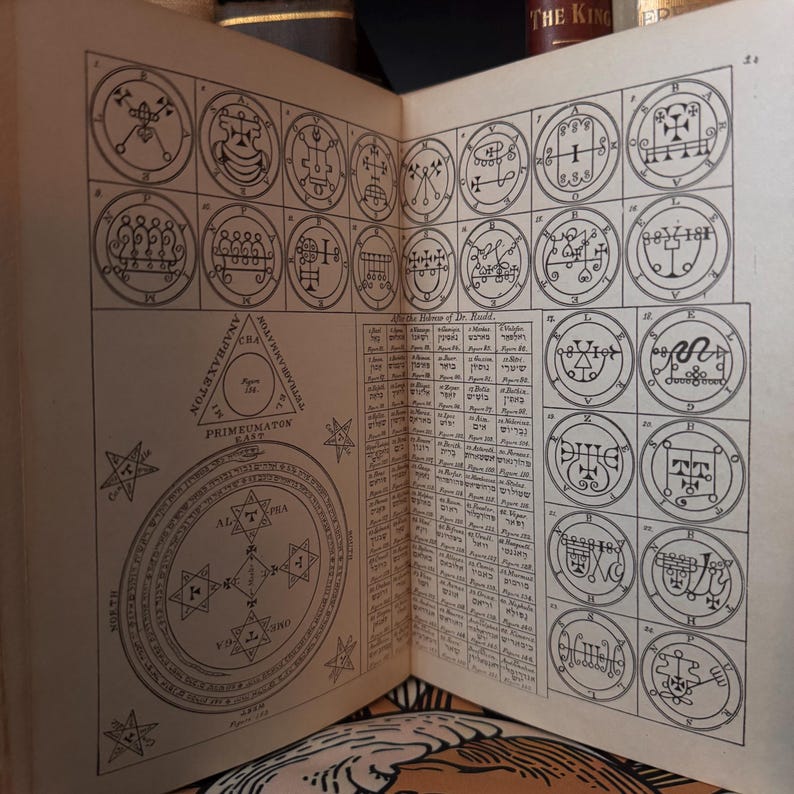 Op de afbeelding: Open boekpagina's met ingewikkelde zwart-wit illustraties van zegels, cirkels en geometrische vormen. Er is ook tekst in het Hebreeuws en Engels aanwezig. Het boek lijkt een historische of occulte tekst te zijn.