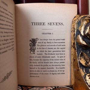May include: A vintage book with a brown leather cover and gold-leaf lettering. The title of the book is "Three Sevens" and the first chapter is titled "Chapter I". The text on the page discusses the family history and the importance of ancestors.