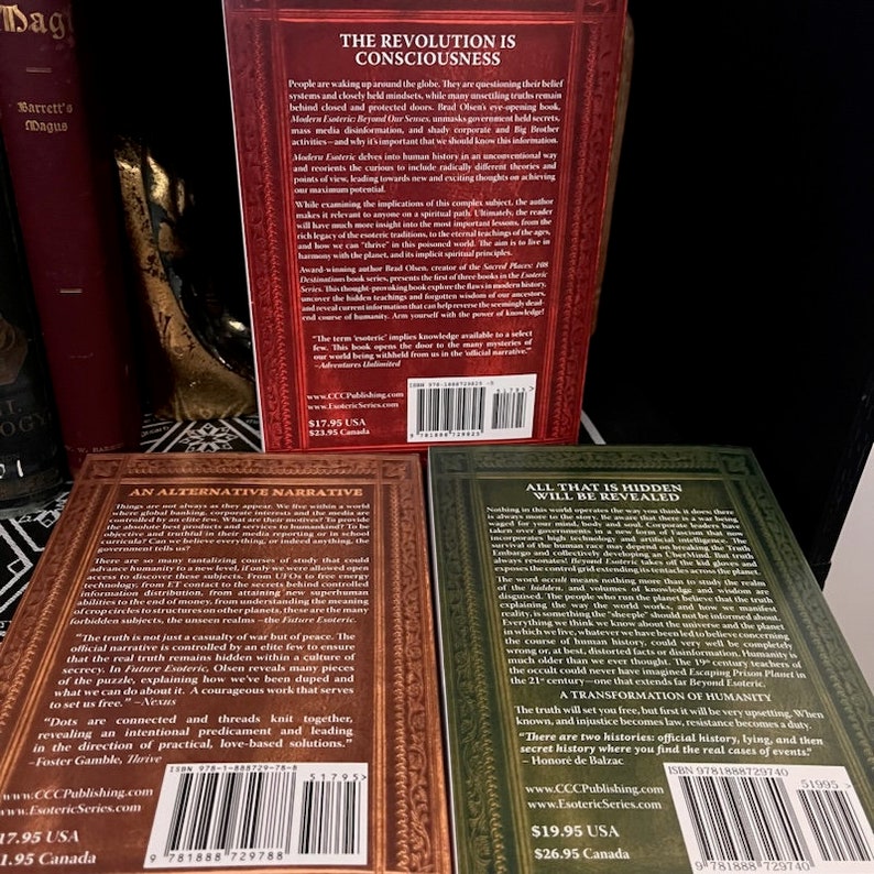 May include: Three paperback books with green, red, and brown covers. The books are titled "The Revolution is Consciousness", "An Alternative Narrative", and "All That is Hidden Will Be Revealed". Each book has a description on the back cover.