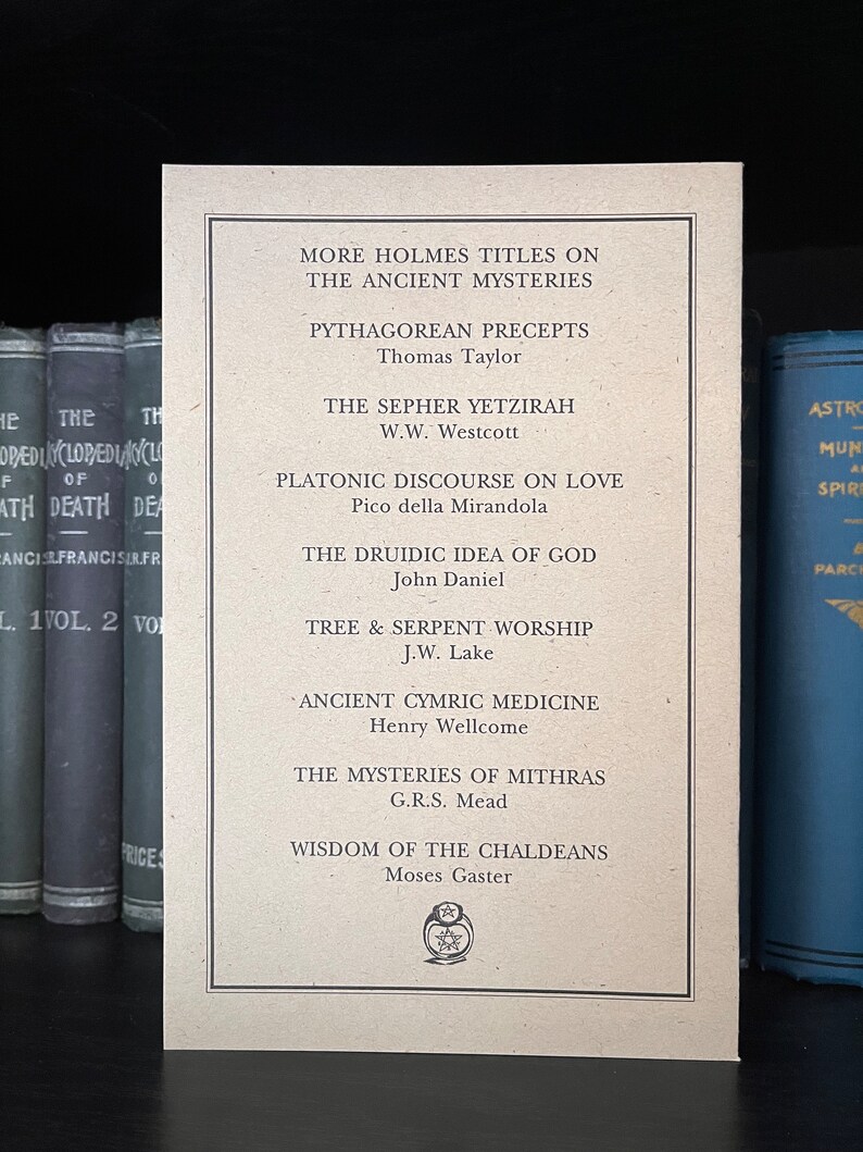 May include: A beige card with a list of book titles related to ancient mysteries, including "The Sepher Yetzirah", "Platonic Discourse on Love", and "Wisdom of the Chaldeans".