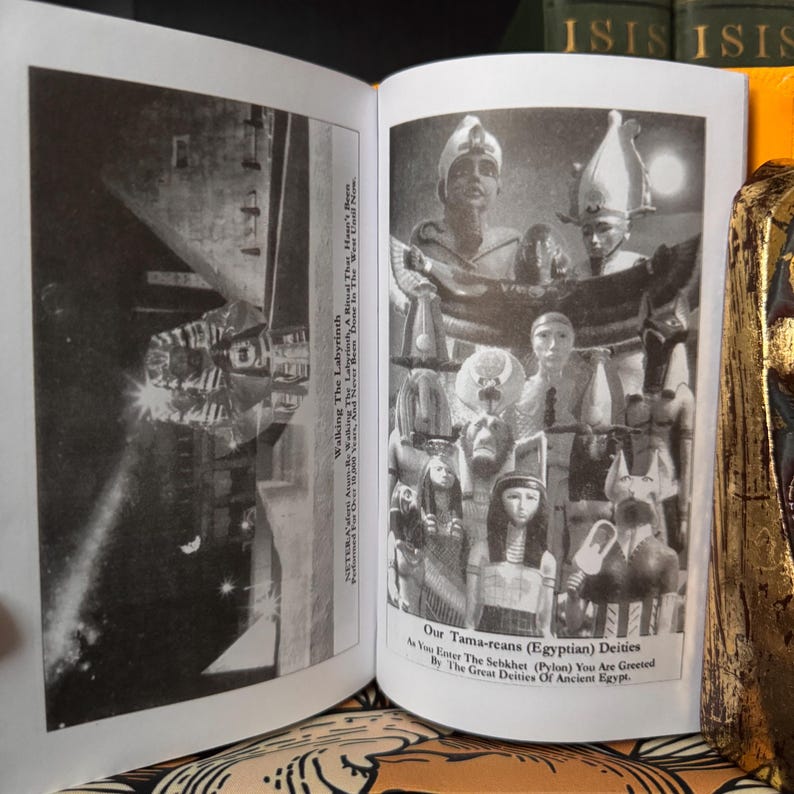 May include: A monochrome image of an open book displaying illustrations of Egyptian deities and hieroglyphs. The text includes "Our Tama-reans (Egyptian) Deities" and "Walking The Labyrinth". The book's pages show detailed drawings of ancient Egyptian figures.