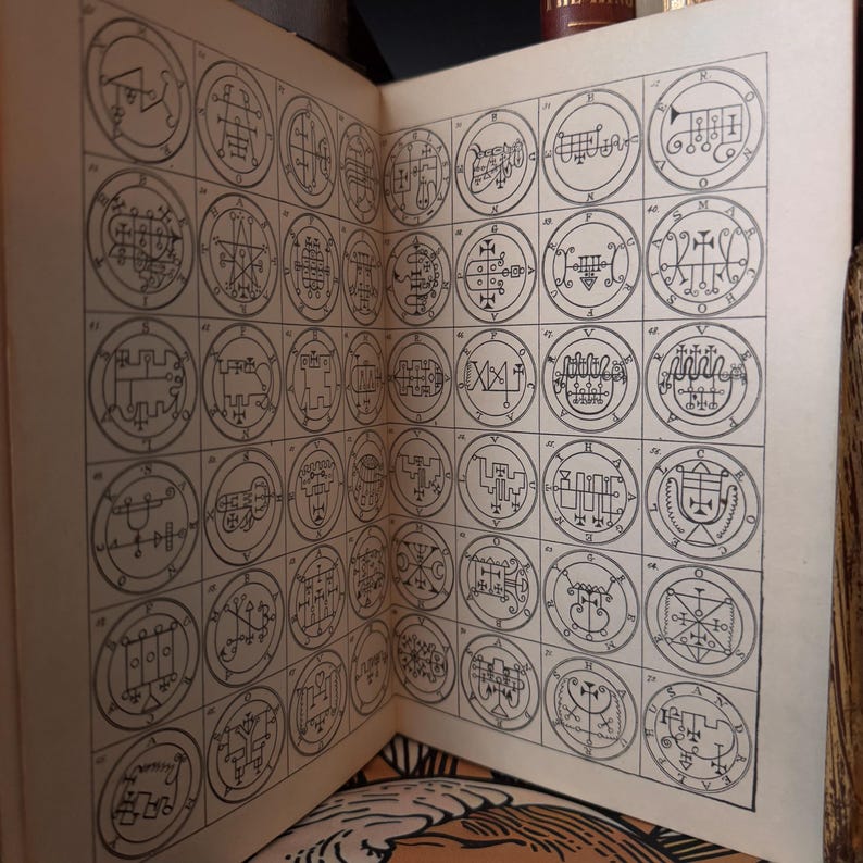 Op de afbeelding: Open boekpagina's met talrijke zwart-wit cirkelvormige illustraties. Elke cirkel bevat ingewikkelde, gestileerde symbolen en ontwerpen. De pagina's zijn verouderd, met een zichtbare vouw.