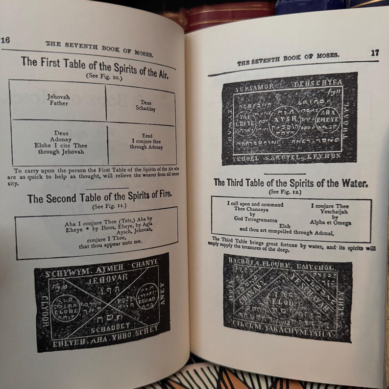 May include: A page from a book titled "The Seventh Book of Moses" with black and white illustrations of sigils and text. The text includes the words "Jehovah", "Deus", "Adonay", "Eead", "Chananya", "Yeschaijah", "Eloh", "Adonal", "Tetragramaton", "Alpha et Omega", and "Schywym Aymeh Chanye".