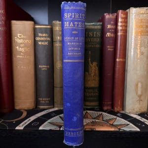 May include: A blue hardcover book titled "Spirit Mates" with the subtitle "Origin of Life, Marriage, Divorce, Reunions". The book is on a bookshelf with other books.