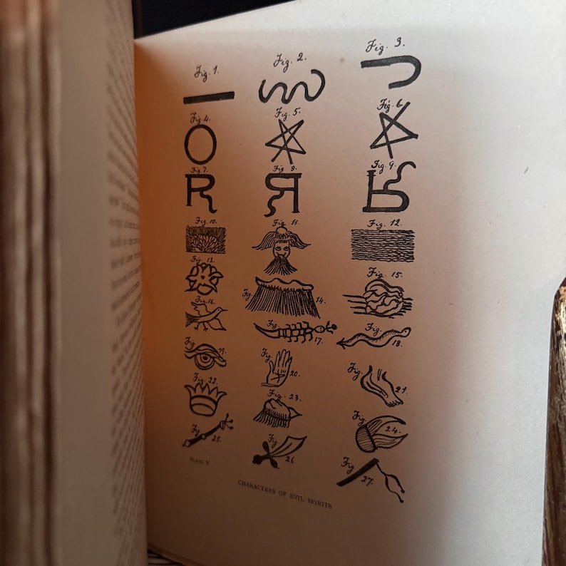 May include: Open book page featuring a detailed illustration of various symbols and figures, labeled with numbers. The text "CHARACTERS OF EVIL SPIRITS" is visible at the bottom of the page. The page is aged with a warm, sepia tone.