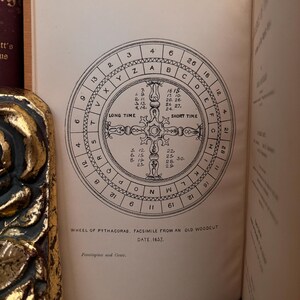 May include: A black and white illustration of a wheel of Pythagoras, a circular diagram with numbers and letters arranged around a central cross. The wheel is labeled "Wheel of Pythagoras. Facsimile from an old woodcut. Date 1657."