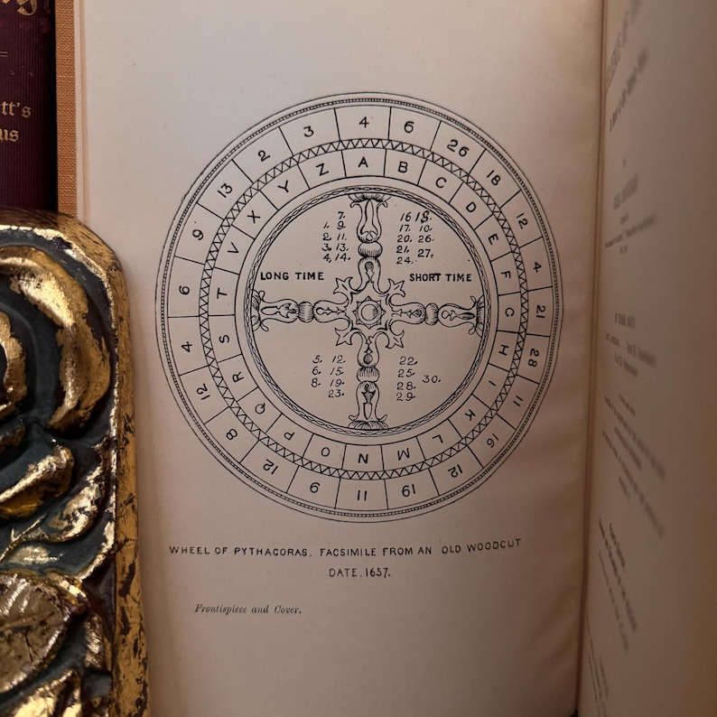 May include: A black and white illustration of a wheel of Pythagoras, a circular diagram with numbers and letters arranged around a central cross. The wheel is labeled "Wheel of Pythagoras. Facsimile from an old woodcut. Date 1657."