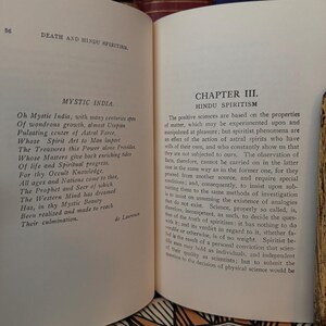 May include: A page from a book titled "Death and Hindu Spiritism" with the chapter title "Hindu Spiritism". The text discusses the differences between the positive sciences and spiritism.