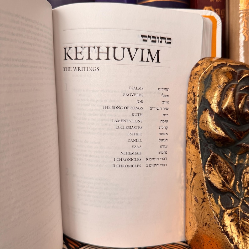 May include: An open book with the title "Kethuvim" and the words "The Writings" visible. The book's pages display a list of biblical books, including Psalms, Proverbs, and Job. A decorative gold object is on the right side of the image.