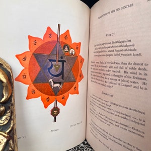 May include: A colourful illustration of a six-pointed star with a red background and a gold outline. The star is surrounded by a circle with the word "Anahata" written in black at the bottom. The star is divided into six sections, each containing a different Sanskrit letter. The centre of the star contains a small image of a deer.