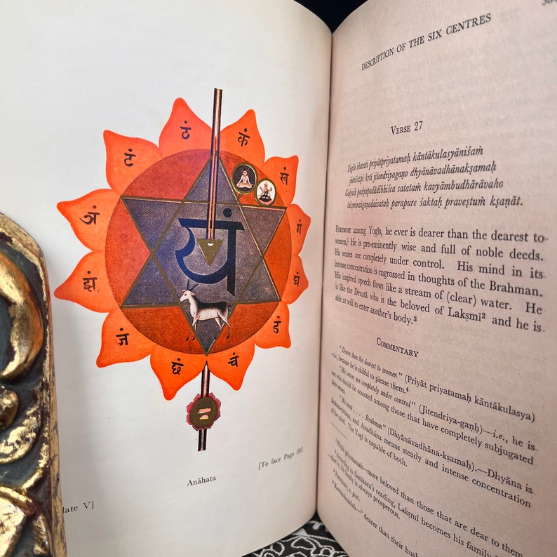 May include: A colourful illustration of a six-pointed star with a red background and a gold outline. The star is surrounded by a circle with the word "Anahata" written in black at the bottom. The star is divided into six sections, each containing a different Sanskrit letter. The centre of the star contains a small image of a deer.