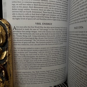 May include: A page from a book about the Vril Society, a secret German organisation that studied alternative energy sources and psychic phenomena. The text discusses the Vril Society's interest in ancient Indian texts and their use of psychic mediums to contact extraterrestrial civilisations.
