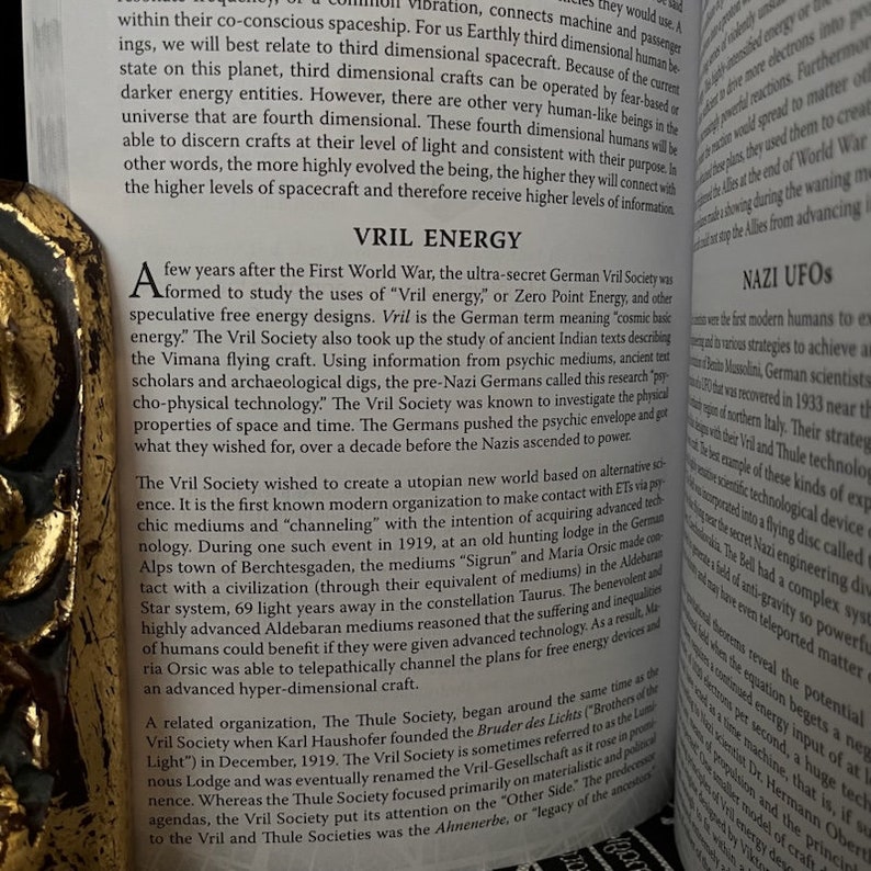 May include: A page from a book about the Vril Society, a secret German organisation that studied alternative energy sources and psychic phenomena. The text discusses the Vril Society's interest in ancient Indian texts and their use of psychic mediums to contact extraterrestrial civilisations.
