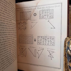 Puede incluir: P&aacute;gina abierta de un libro antiguo con ilustraciones y texto detallados. La p&aacute;gina muestra tablas, formas geom&eacute;tricas y texto hebreo, probablemente de un texto hist&oacute;rico u oculto. Las ilustraciones est&aacute;n en tinta negra sobre papel crema envejecido.