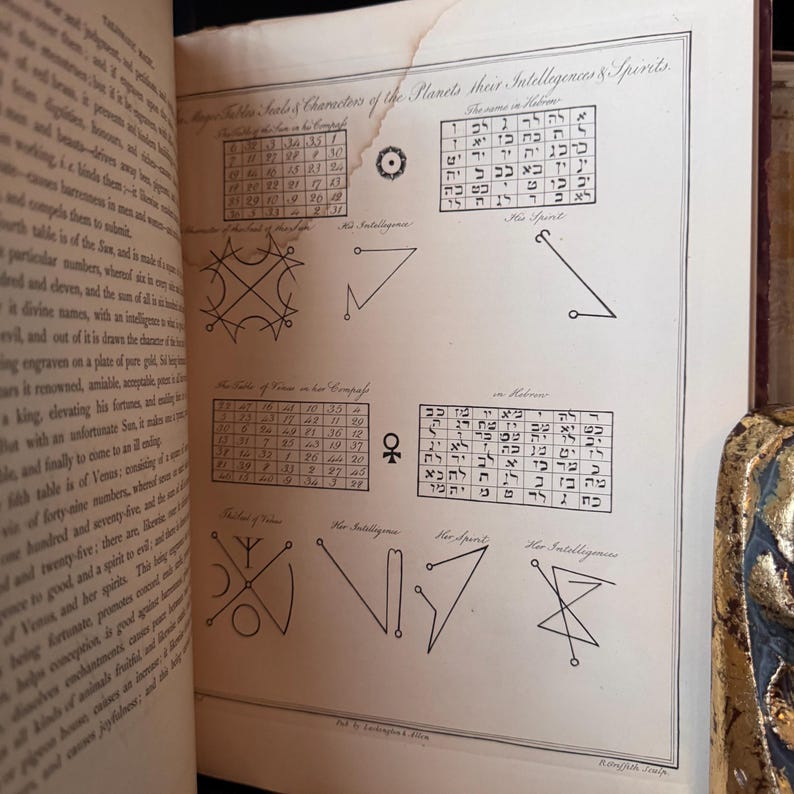 Puede incluir: P&aacute;gina abierta de un libro antiguo con ilustraciones y texto detallados. La p&aacute;gina muestra tablas, formas geom&eacute;tricas y texto hebreo, probablemente de un texto hist&oacute;rico u oculto. Las ilustraciones est&aacute;n en tinta negra sobre papel crema envejecido.