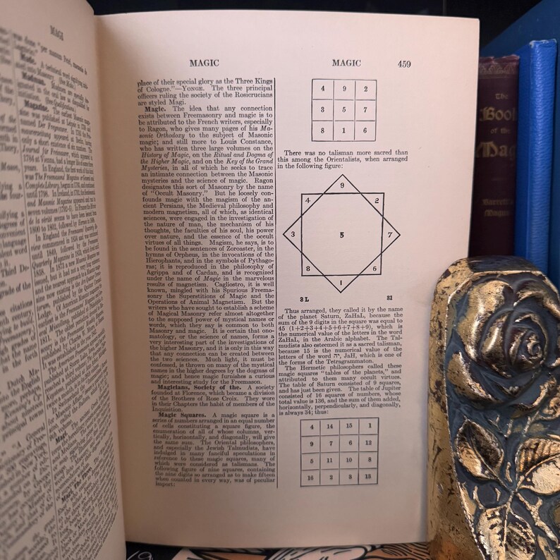 Puede incluir: P&aacute;gina de un libro abierto con el t&iacute;tulo "MAGIC" y diagramas. La p&aacute;gina presenta texto e ilustraciones relacionadas con la magia, incluyendo arreglos num&eacute;ricos y formas geom&eacute;tricas. Un objeto decorativo dorado es visible a la derecha.