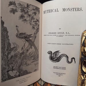 May include: A black and white illustration of a mythical creature with wings and a serpentine body. The book cover features the title "Mythical Monsters" and the author's name, Charles Gould, B.A. The book is part of the Secret Doctrine Reference Series published by Wizards Bookshelf in San Diego, 1981.