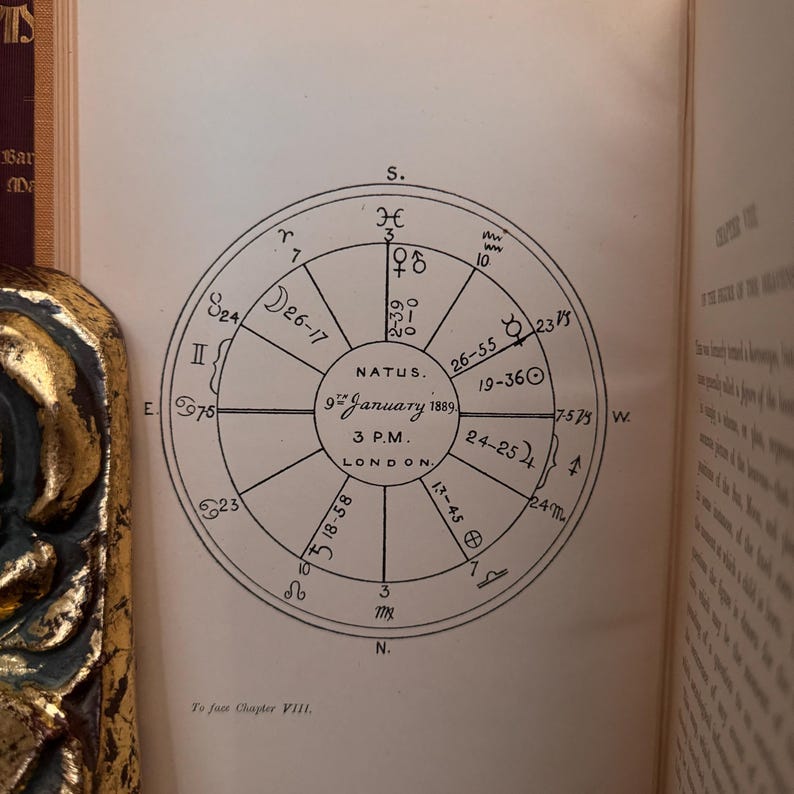 May include: A black and white astrological chart with the text "NATUS. 9th January 1889. 3 P.M. LONDON."  The chart shows the positions of the planets and signs of the zodiac.
