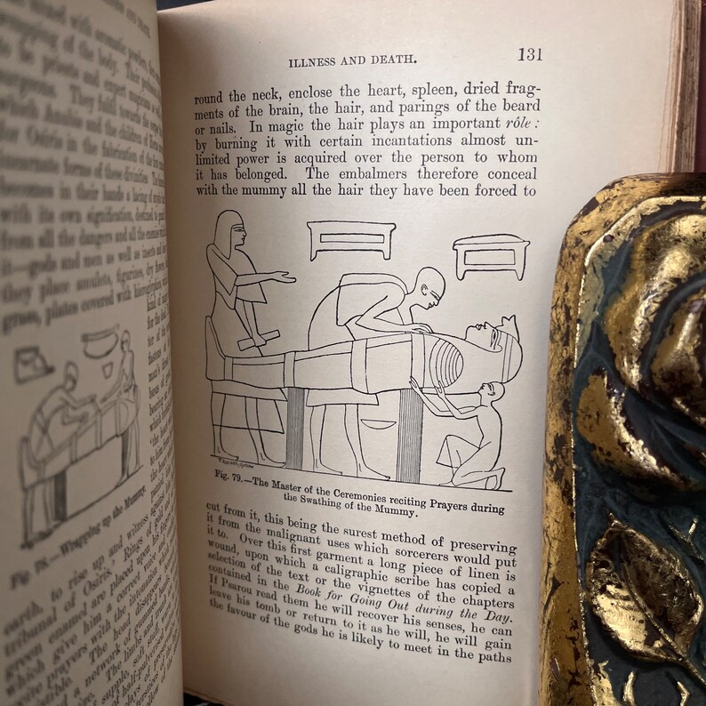 以下が含まれることがあります： 古代エジプトの儀式を描いた白黒のイラスト。祭司がテーブルに横たわる亡くなった人の上に儀式を行っている。祭司は長いローブと頭飾りをつけている。亡くなった人はリネン製の包帯で包まれている。このイラストは、古代エジプトの信仰と慣習に関する本からのものである。