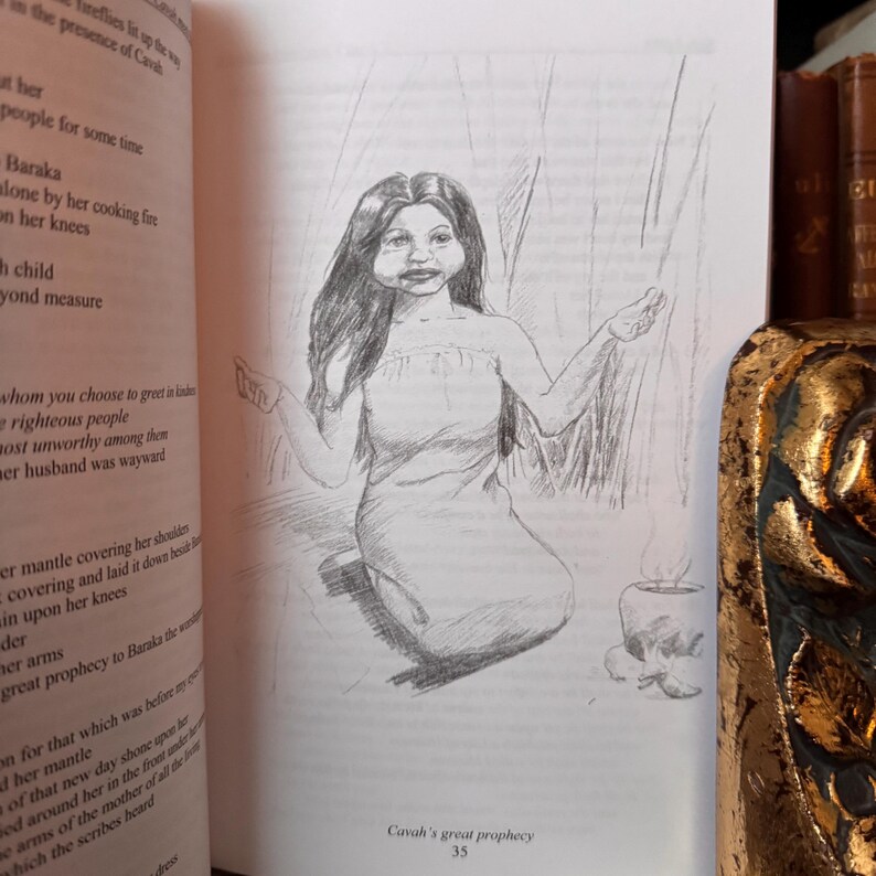 May include: A pencil sketch illustration from a book page. The drawing depicts a woman with long hair, wearing a simple dress, with her arms outstretched. The text "Cavah's great prophecy" and the number "35" are visible.