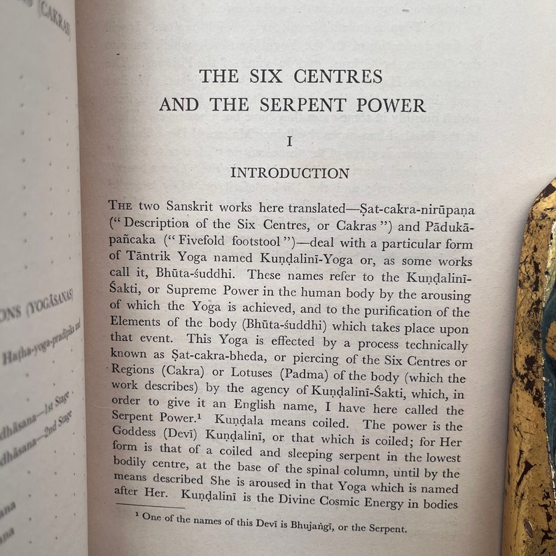 May include: A page from a book titled "The Six Centres and the Serpent Power." The text discusses the concept of Kundalini-Sakti, or Supreme Power in the human body, and how it is achieved through yoga.