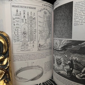 May include: A black and white illustration of a Masonic symbol, a compass and square, with the text "Structure of 33 Degrees of Freemasonry". The illustration is surrounded by a black and white diagram of a pyramid with a star at the top.