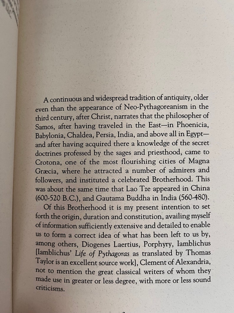 May include: A page from a book with text about the history of a brotherhood. The text discusses the philosopher of Samos, Lao Tze, and Gautama Buddha.