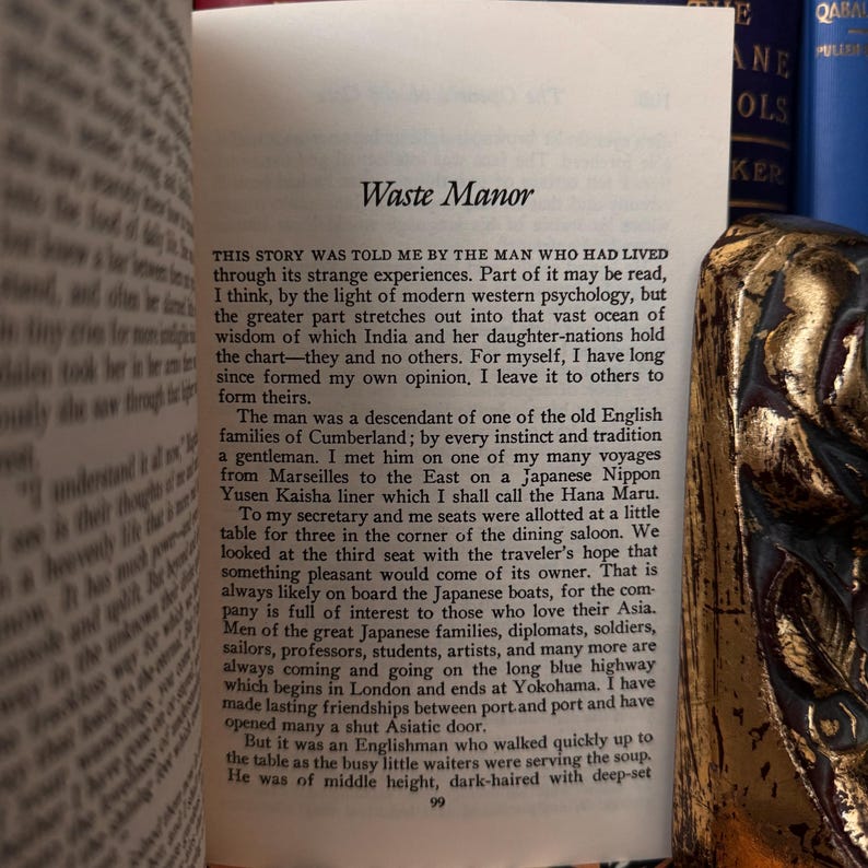 以下が含まれることがあります： 表紙に「Waste Manor」というタイトルが書かれた開かれた本。ページのテキストは、日本の船での男性の旅と、さまざまな文化の人々との出会いを描写している。