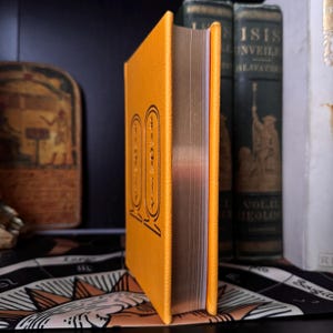 May include: An orange hardcover book with gold hieroglyphs on the cover. The book has silver-edged pages. Other antique books are in the background, hinting at a theme of ancient history or esoteric knowledge.